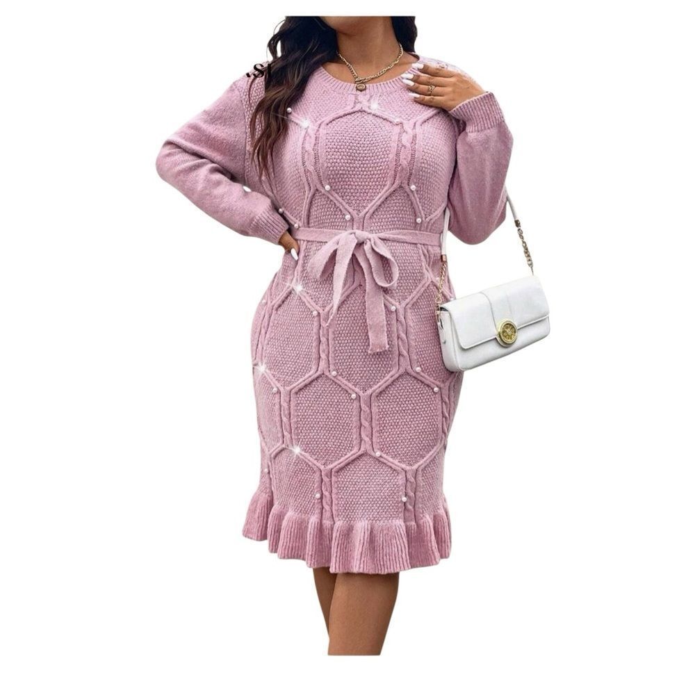 SHEIN Clasi Plus Size Pearl Flounce Hem Sweater Knit Dress Pink - Picture 3 of 12